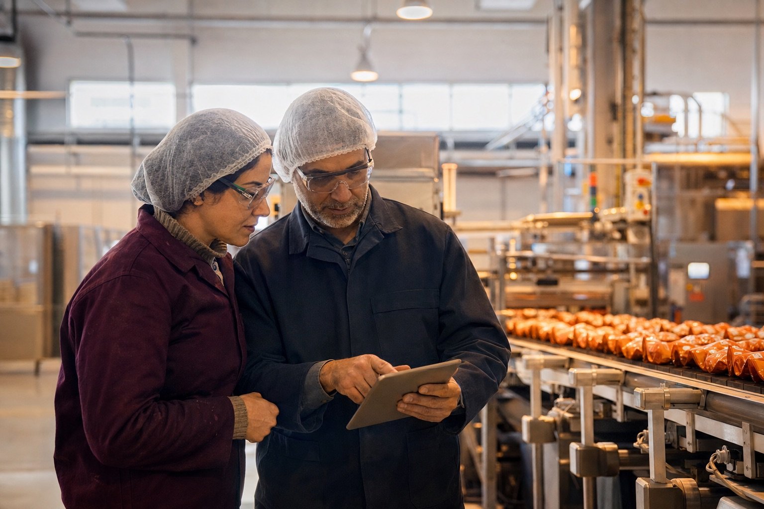 Equipo de planta revisando datos de una línea agroindustrial