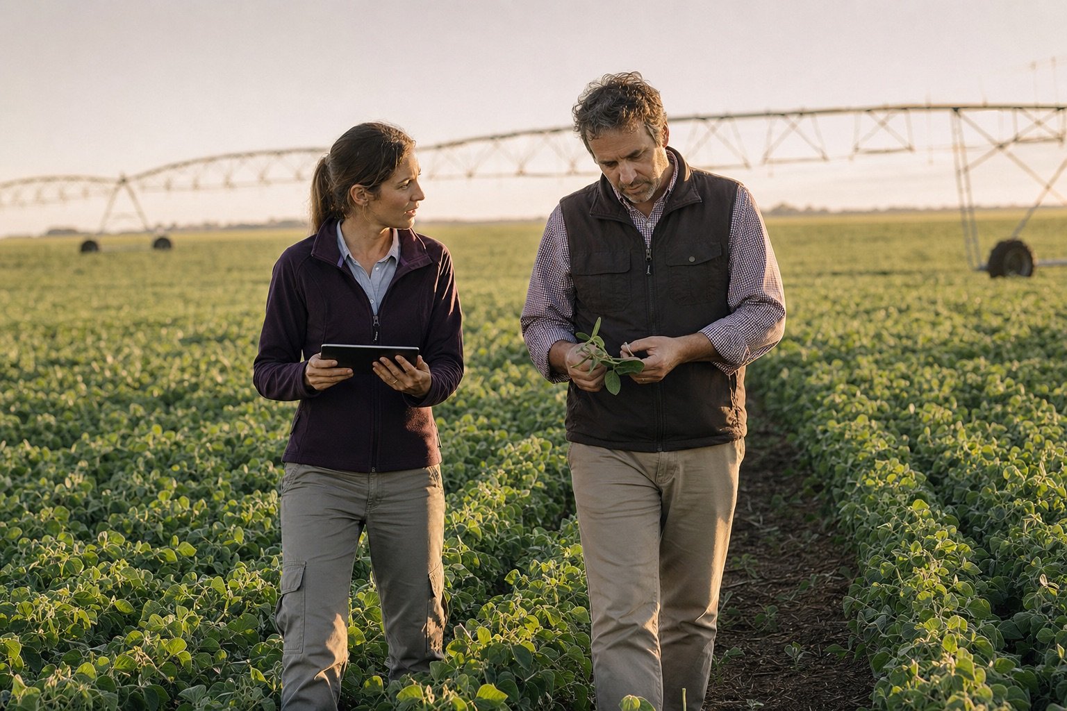 Productores analizando un cultivo y su información en el campo