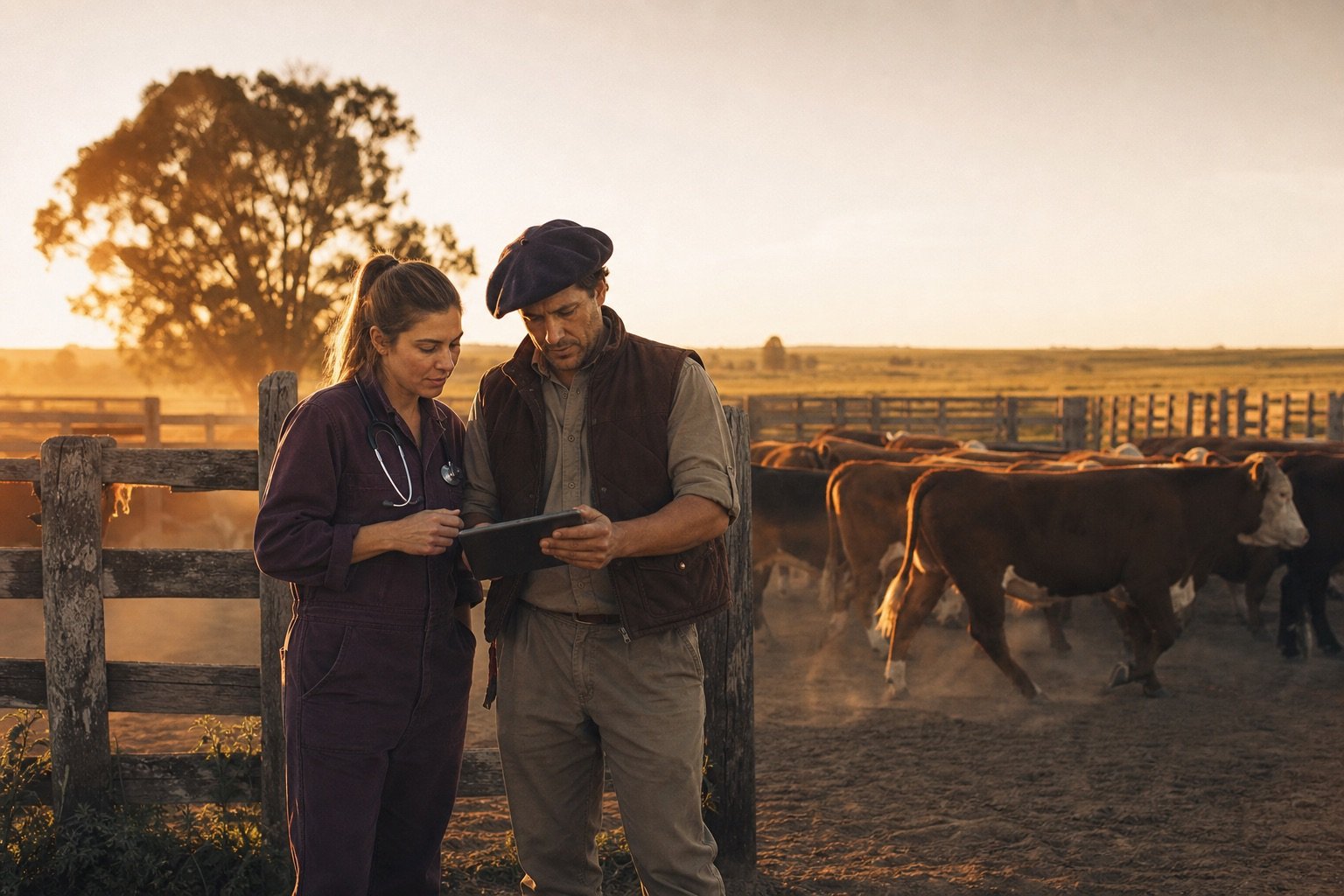 Veterinaria y productor revisando información junto al rodeo